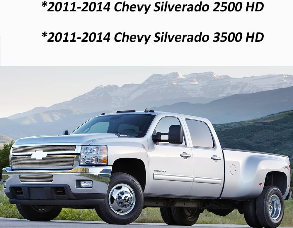 Front Grille Inserts for 2011-2014 Chevy Silverado 2500HD 3500HD Chrome Upper Bumper Grill Replacement Combo 3pcs Aluminum