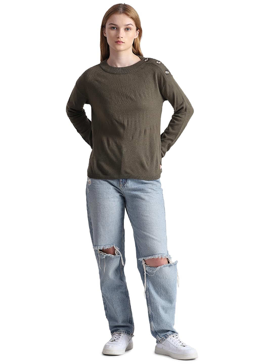 JDYOnly Women's Acrylic Round Neck Green Pullover_X-Large