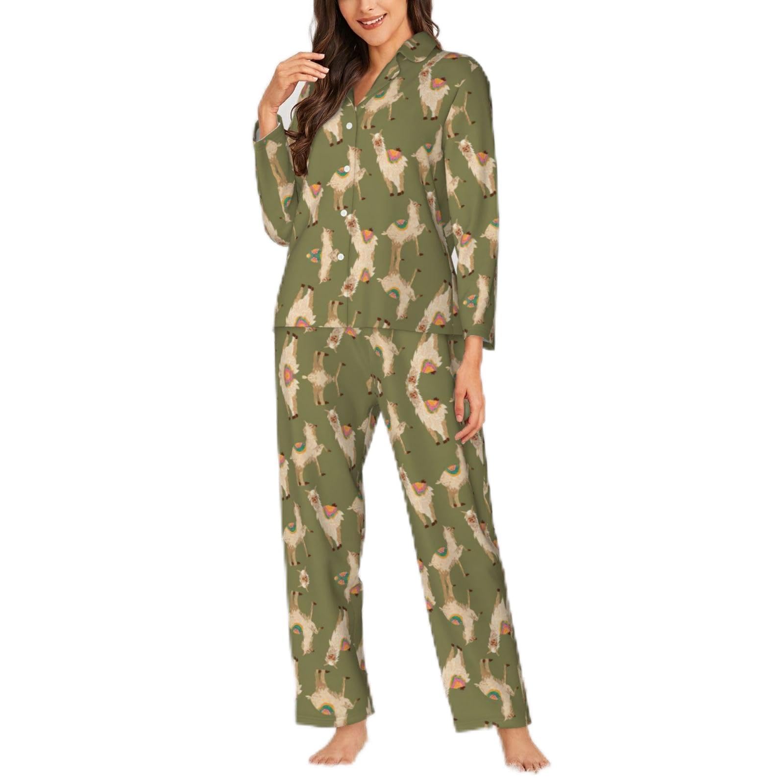 Migpkd Women's Black Alpaca. Pajamas For Set Long Sleeve Button Down Sleepwear 2 Piece Nightwear Pjs Sets