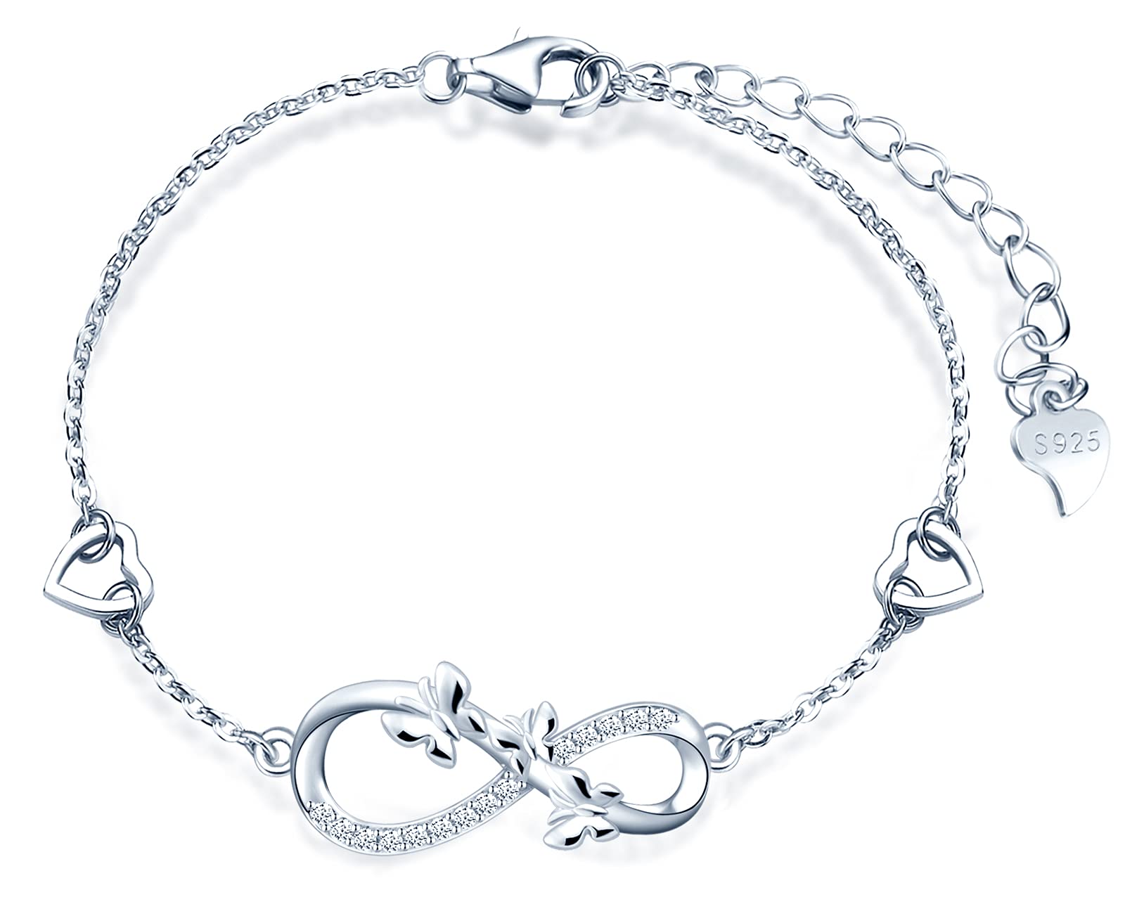 MicLeePulsera de mujer pulsera de plata de ley 925 pulsera símbolo infinito pulsera calada combinación corazón y mariposa pulsera animal longitud ajustable