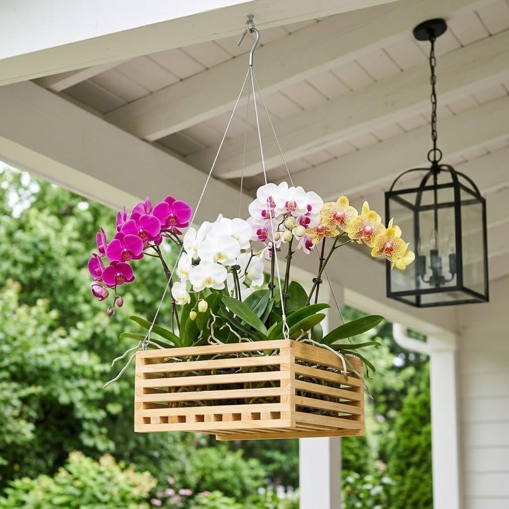 10" Wooden Orchid Basket with Hanger for Vandas & Ferns, Square Wood Hanging Planter for Patio, Balcony Decor, Garden Flower Pot for Indoor Outdoor Plants