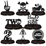 8 Pcs Bad Two The Bone Birthday Party Decoration Rock and Roll Themed Honeycomb Table Centerpiece Glitter Black 2nd Birthday Decor Skeleton Cake Topper for 2 Year Old Birthday Party