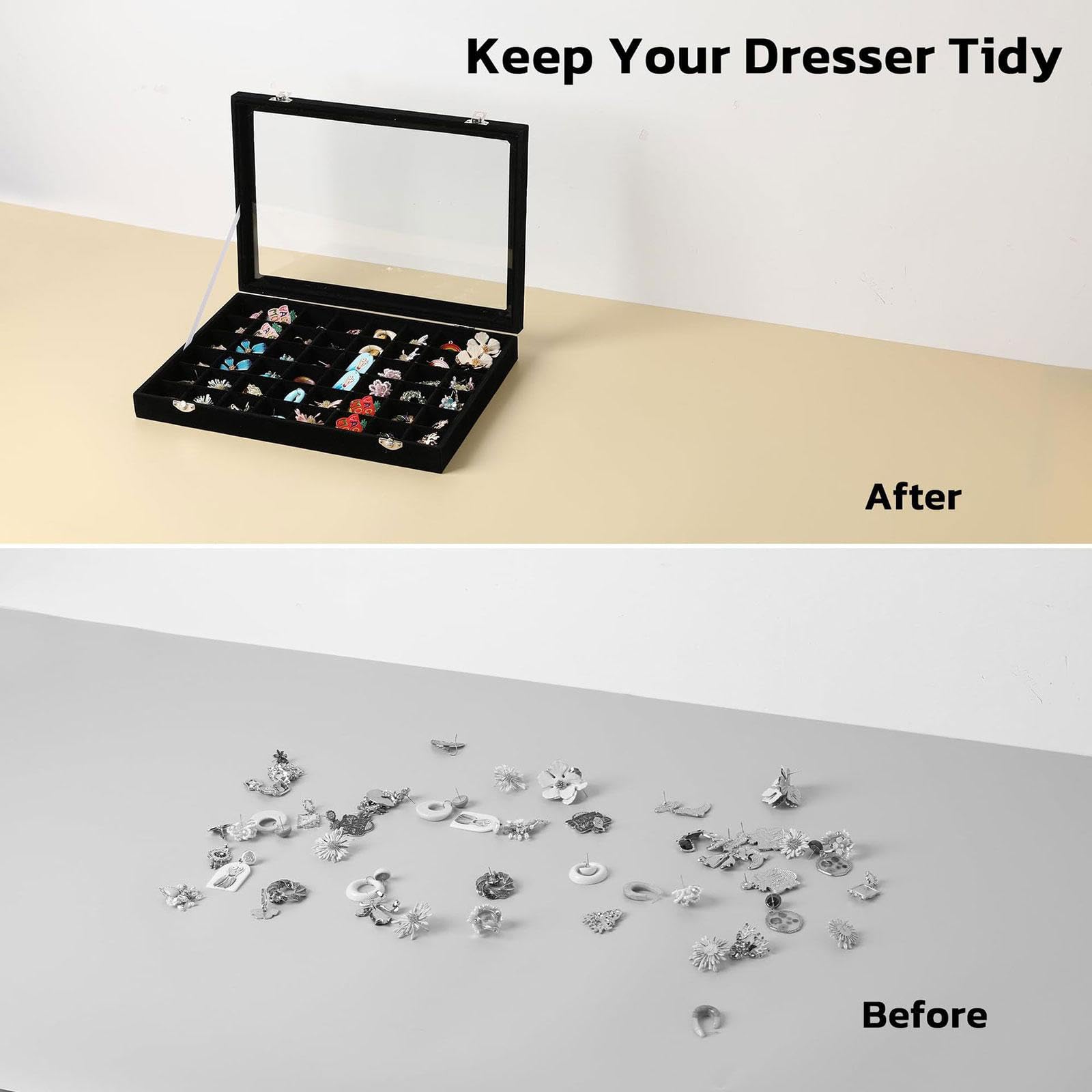 Qianly Jewelry Tray Organizer con 48 Scomparti Regolabili Porta Anelli Orecchini Collane Bracciali Custodia Robusta con Coperchio Trasparente in Tessuto, Nero