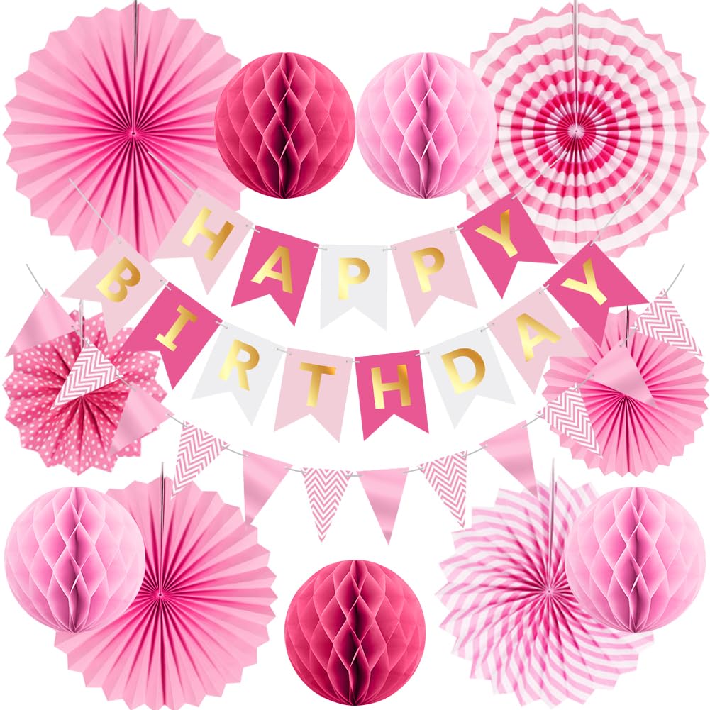 Pink Reusable Birthday Decorations Kit Pink Birthday Party Decorations Reusalbe Banner Bunting Honeycomb Paper Lanterns Paper Fans