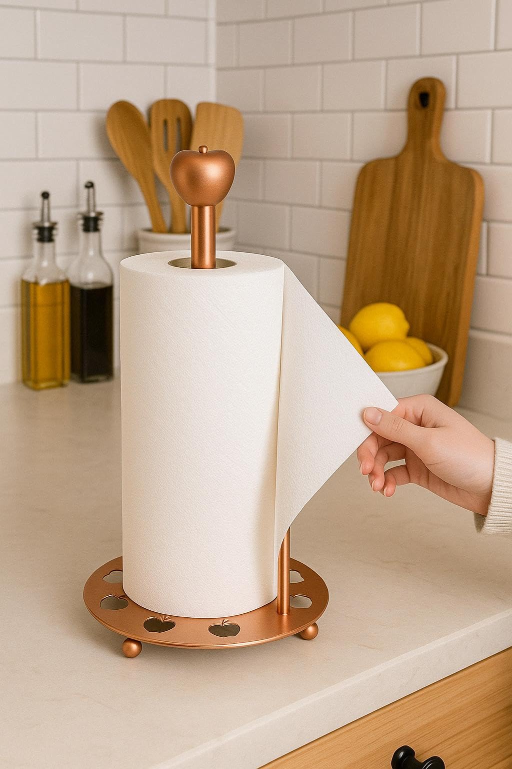 Creative Home Heavy Duty Metal Paper Holder Kitchen Towel Dispenser with Laser Cut Apple Motif, 7-7/8