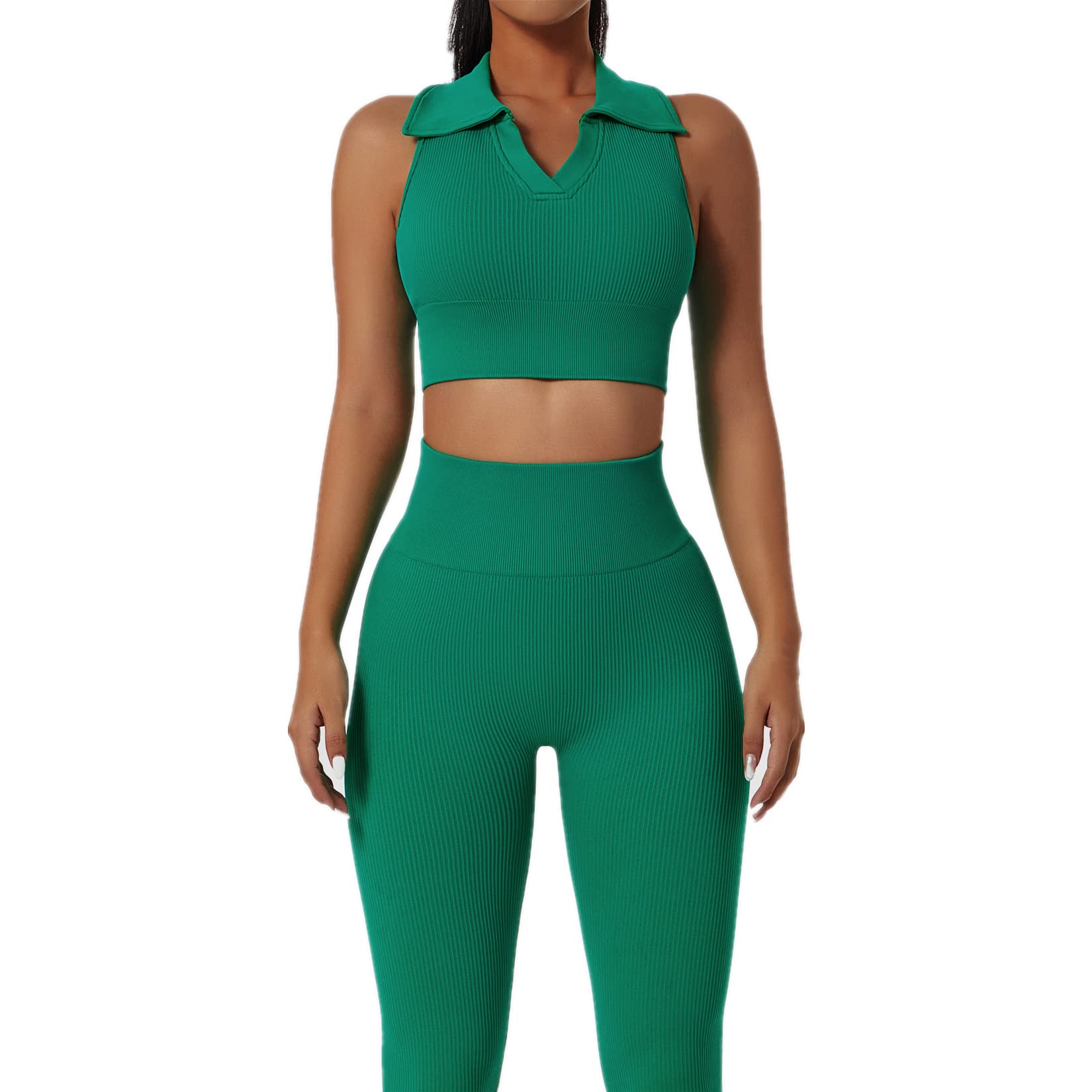 ABOCIW Workout Sets for Women Ribbed Seamless High Waist Yoga Leggings with Sleeveless Lapel Collar Crop Tops V