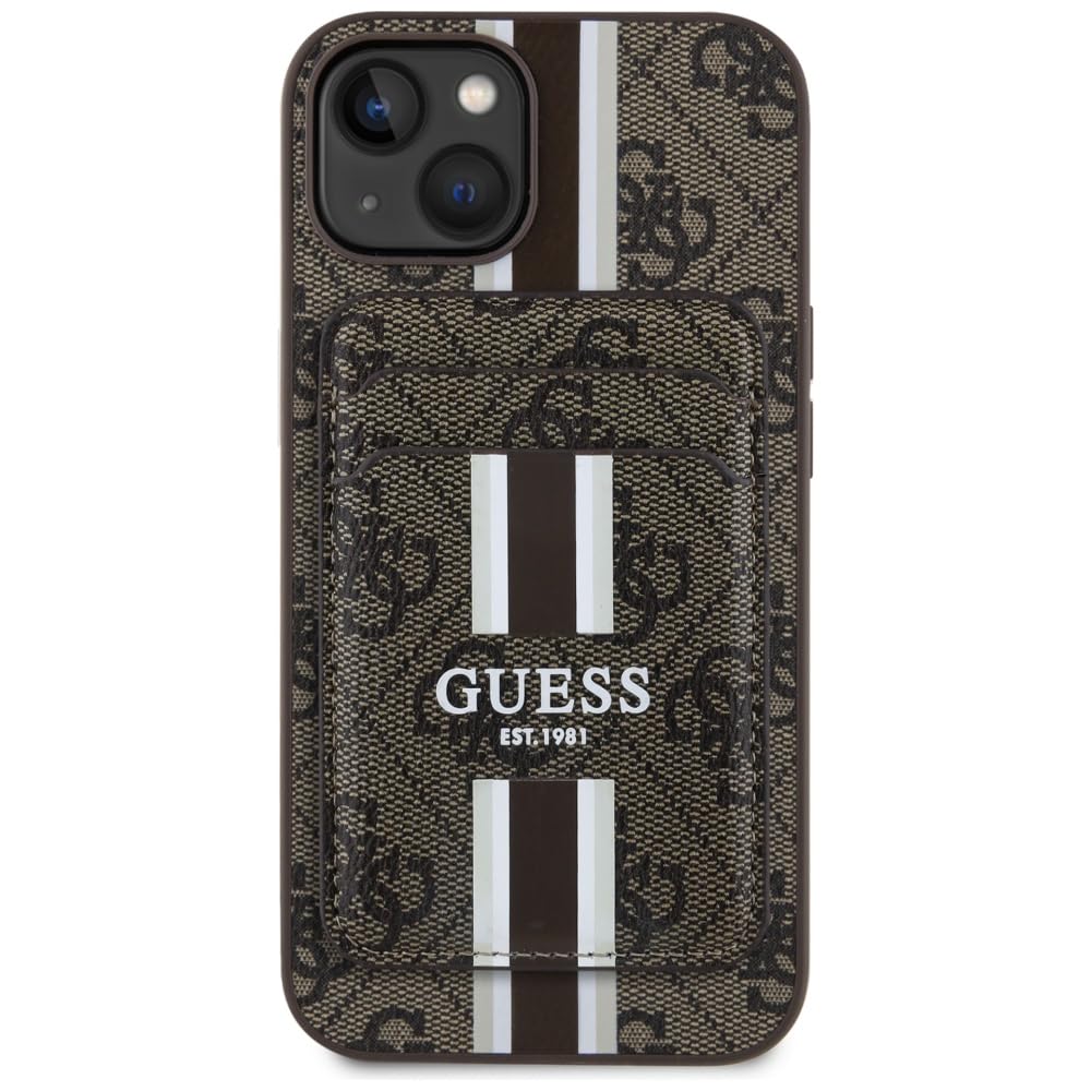 CG Mobile Guess 4G Stripes - Étui Portefeuille pour iPhone 15 - Compatible avec MagSafe (Marron)