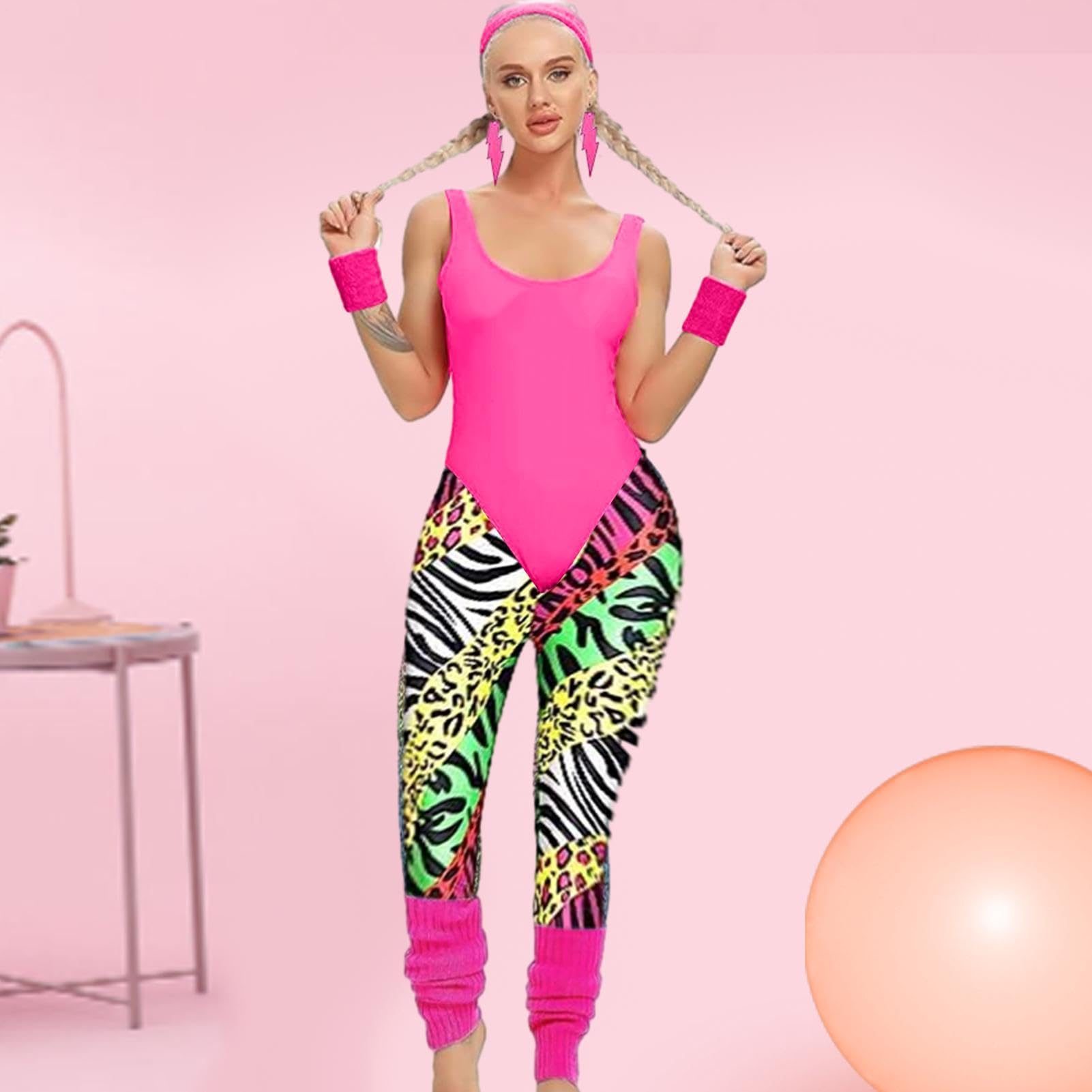 Générique Kostium treningowy w stylu lat 80. dla kobiet, kostiumy dla dorosłych w stylu lat 80. XX wieku, na imprezę dla kobiet, legginsy do biegania, legginsy, kolczyki, torba ba