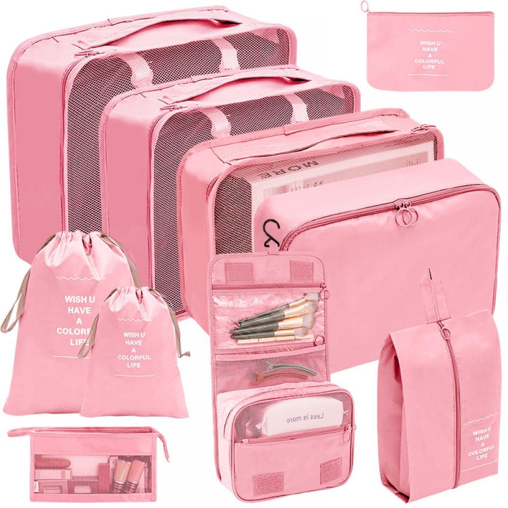 Goodern 10 Set Packing Cubes for Travel,Various Sizes Luggage Packing Organizers Lightweight Travel Essential Bag for Clothes Shoes Cosmetics Toiletries Luggage Organizer Bags for Man & Women-Pink