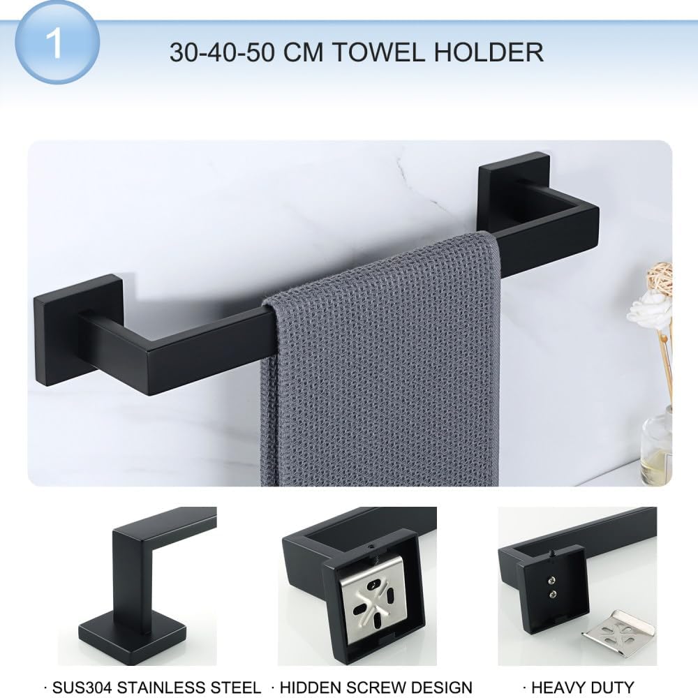 Towel Rails, Matte Bathroom Accessories Set Wall Shelf Toilet Roll Paper Robe Hook Hanger Towel Rail Bar Rack Hardware Set/50Cm Set/a