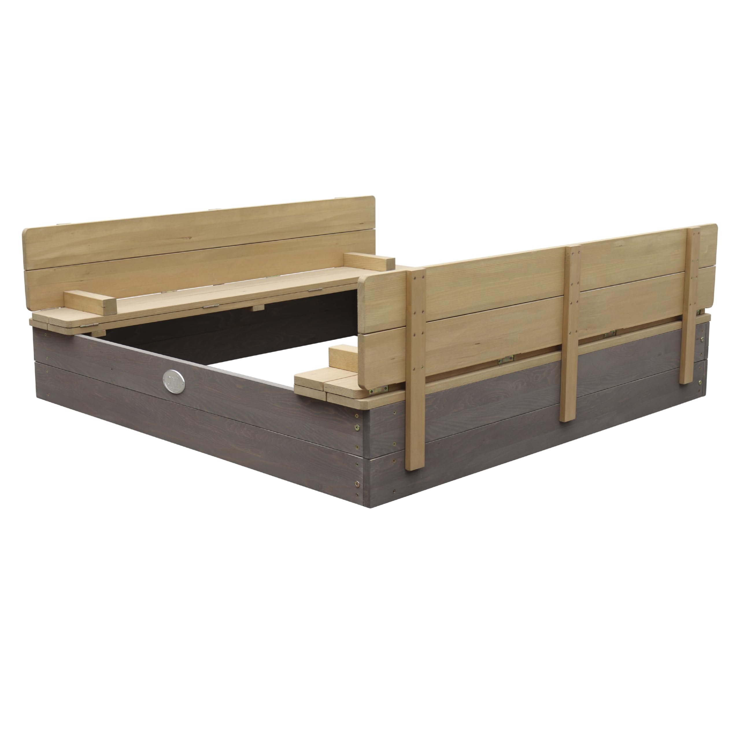 AXI Sandkasten Ella aus Holz mit Deckel XL | Sand Kasten mit Sitzbank & Abdeckung für Kinder in Grau & Braun | 120 x 120 cm