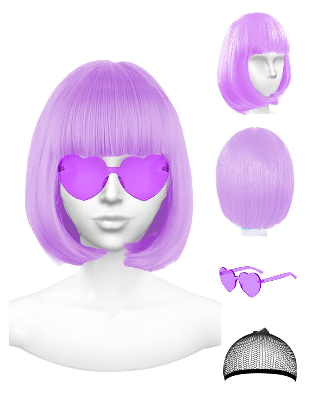 NSODREEM Light Purple Wig and Party Sunglasses, Purple Wigs with Bangs for Women, Short Bob Wig - Bachelorette Party Wigs Decorations Favors(Violet)