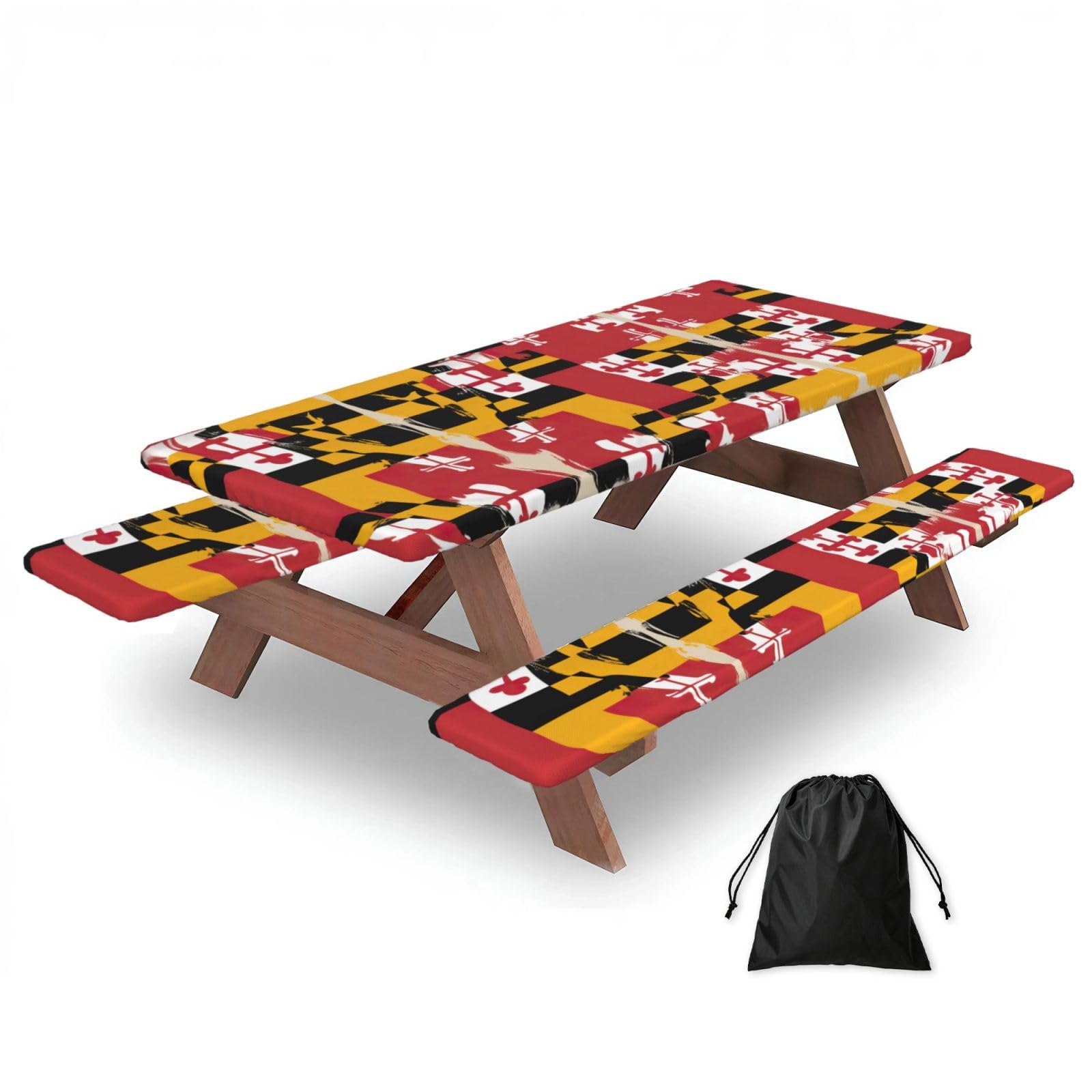 Zyjhyy Black Maryland Flag Print 3 Pack Wipeable Picnic Bench Cover And Table Cover Lightweight Table Cloth For Camping Outdoor