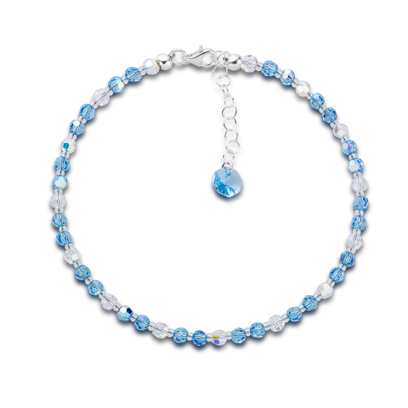 Schöner Schmuck-Design, cavigliera con perline di cristallo Swarovski®, blu acquamarina e cristallo AB, in argento 925