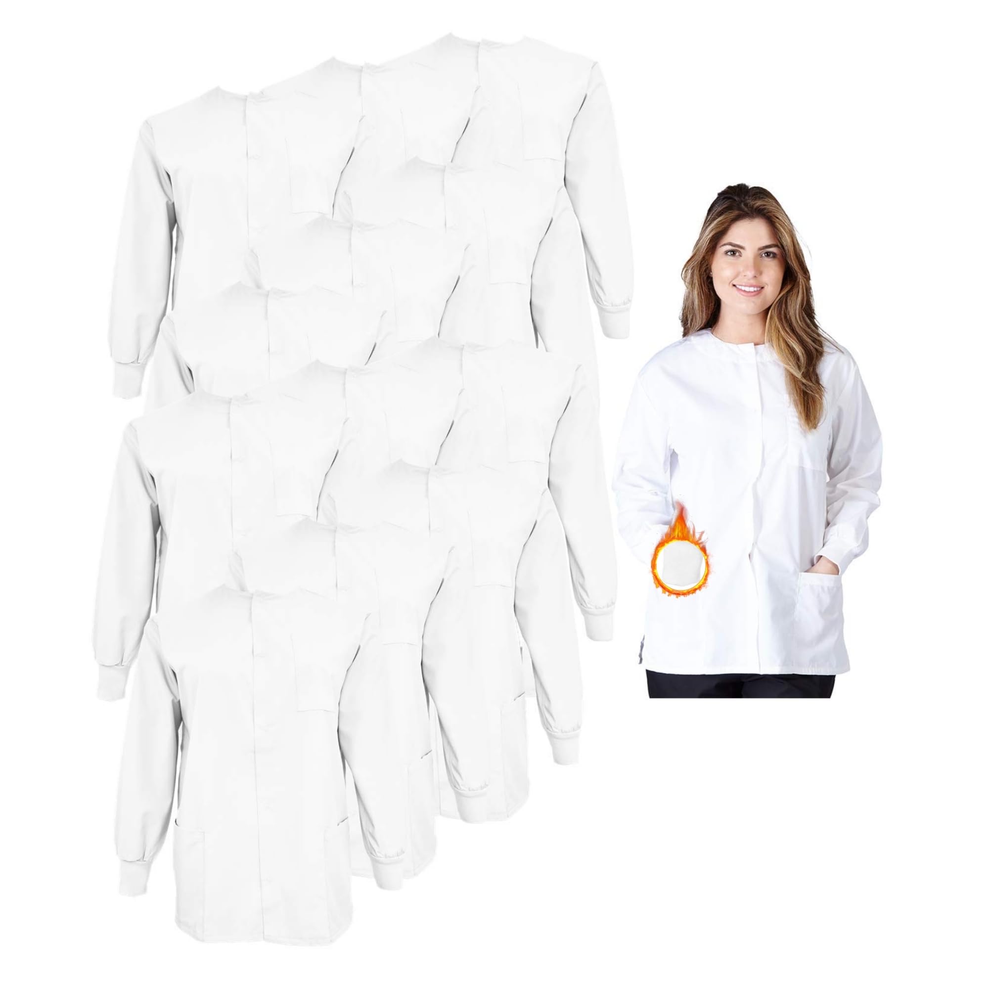 M&M SCRUBS Women's Scrub Jacket Warm Up Lightweight Medical Scrub Jacket - Pack of 12 Set (White, Medium)