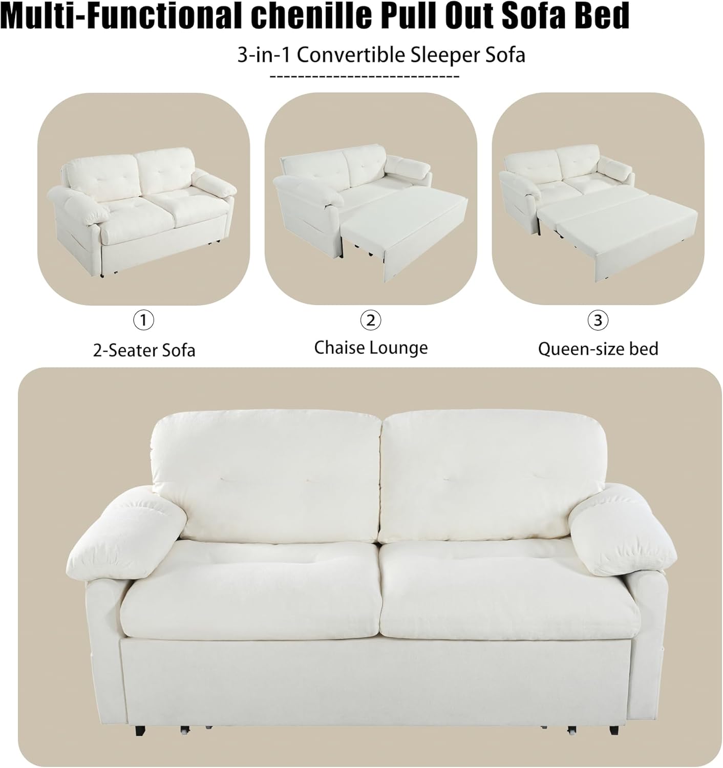 72" Futon Sofa Bed Queen Size, 3-in-1 Convertible Sleeper Sofa Bed with Side Pocket & 8 Silent Casters, Chenille Upholstered Cloud Loveseat Lounge, Modern Pull Out Couch for Living Room, Bedroom,Beige