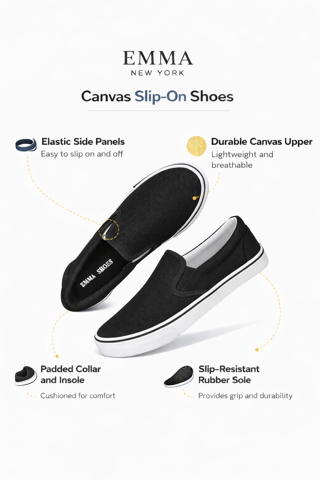 Emma Shoes Low-Top Slip Ons Women's Fashion Sneakers Casual Canvas Sneakers for Women Comfortable Flats Breathable Padded Insole Slip on Sneakers Women Low Slip on Shoes, Black, 9