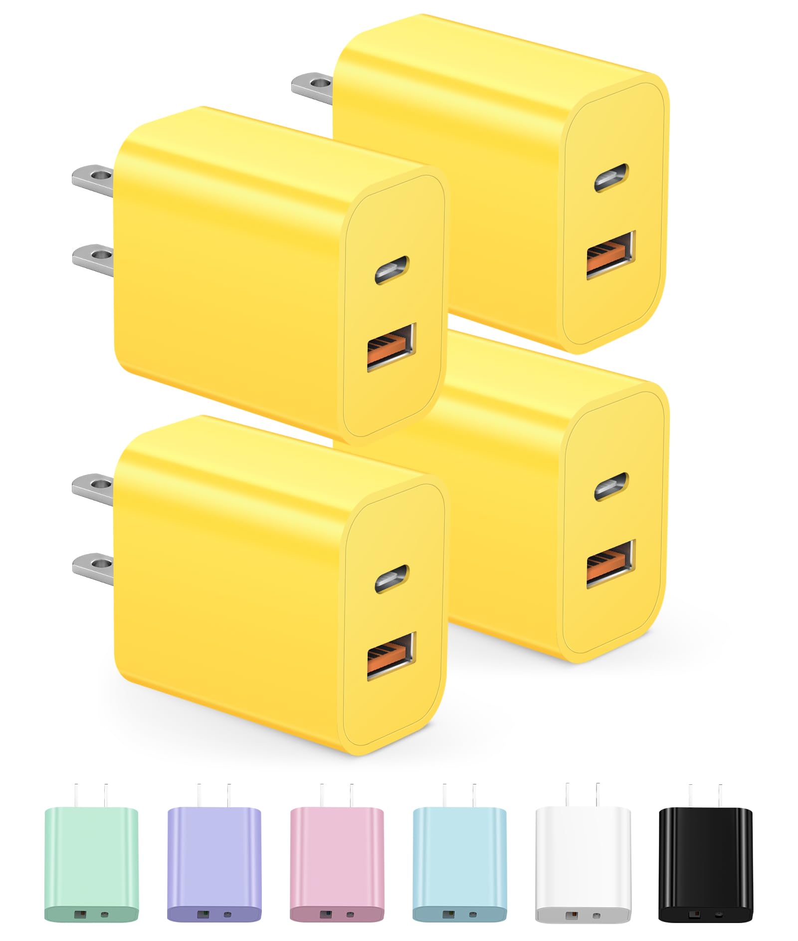Lot de 4 blocs de charge USB C de type C, 20 W, chargeurs muraux pour iPhone 16/16 Plus/16 Pro/16 Pro Max/iPhone 15/iPhone 15 Pro/iPhone 15 Pro Max/14/13/12 Pro/Samsung//Android (jaune)