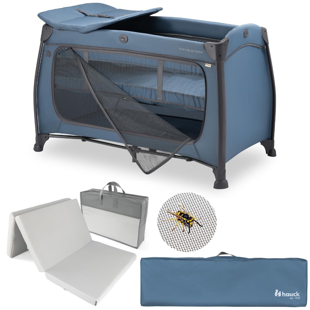 hauck Play N Relax Center Baby Travel Cot with Mattress and Mosquito Net | Folding Playpen with Reducer for Newborns, Changing Mat and Wheels | Green OEKO-TEX STANDARD 100