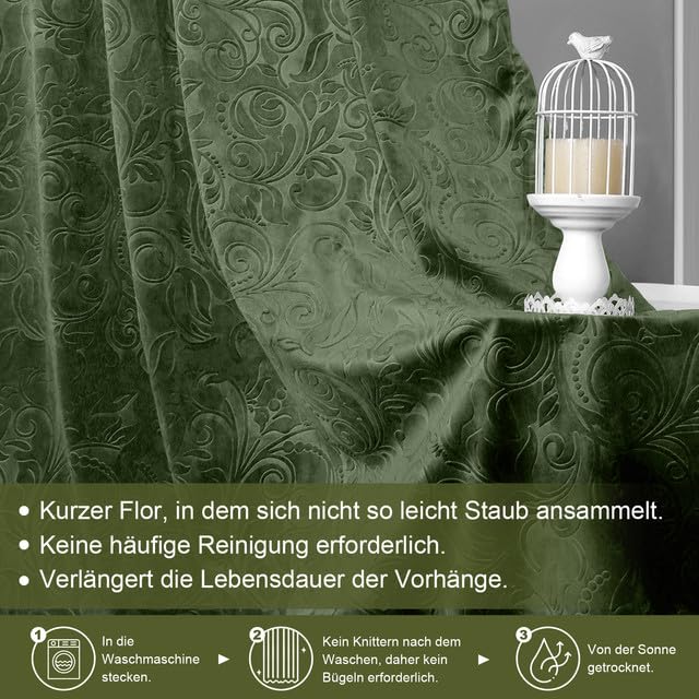 Rosnek Samt Gardinen Vorhang Kräuselband 2er Set, H244 x B132 cm Thermogardine Luxus Vorhang Blickdicht mit Muster, Übergardinen Vorhänge Verdunkelung Barock Deko für Wohnzimmer, Olivgrün