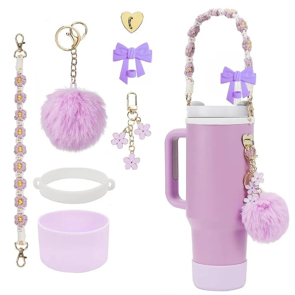 Homelytic Cup Accessories Set, 10PCS Tumbler Decoration Kit with Floral Strap, Pom Pom Charms, Silicone Boot, Light Purple Water Bottle Handle