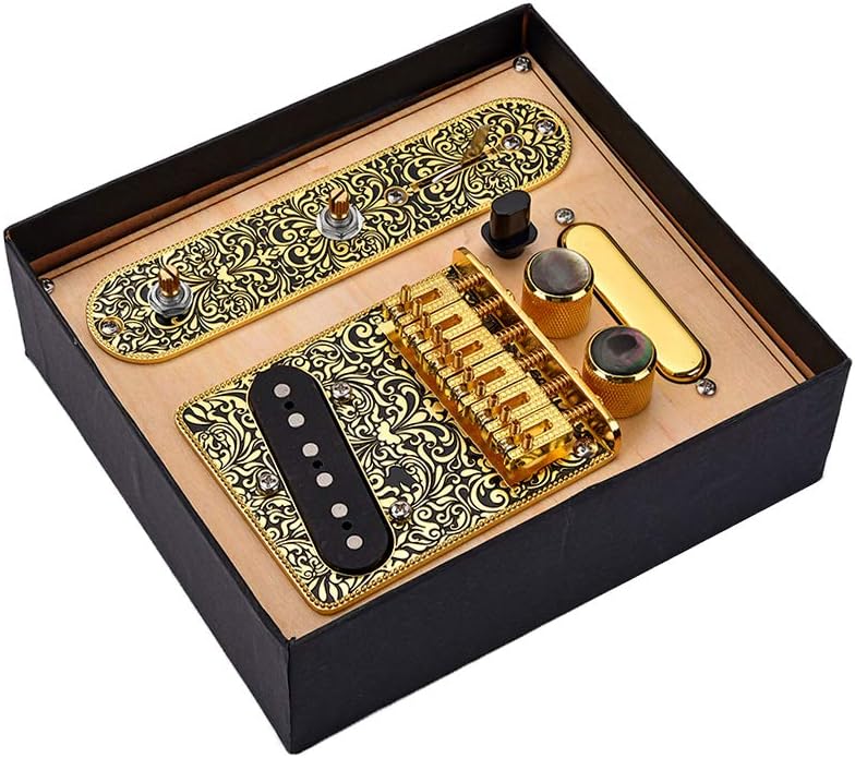 Alnicov 6 Strings Saddle Bridge Plate, 3 Way Switch Control Plate, Neck Pickup Set for Fender Telecaster Electric Guitars Replacement Parts - Gold