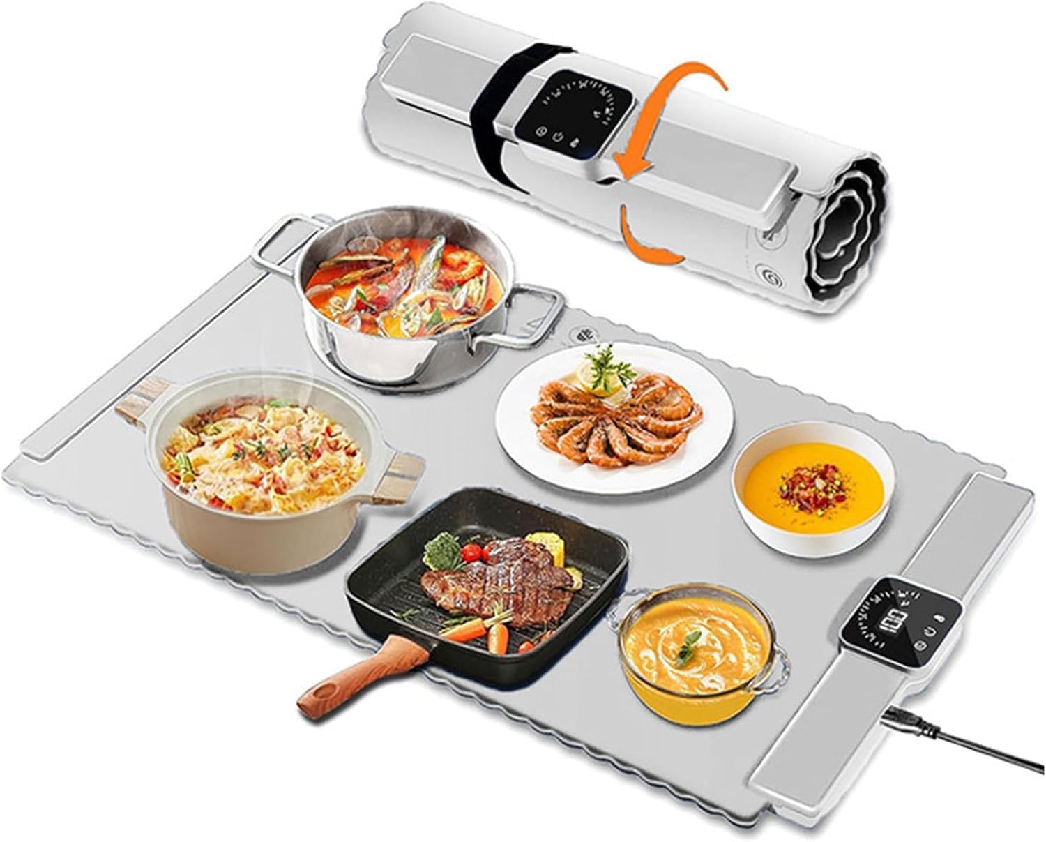 Tappetino Scalda Alimenti, Vassoio Scalda Alimenti Elettrico con 5 Tipi di Temperatura, Scalda Alimenti Elettrico Scalda Alimenti Buffet Server Pieghevole per Riunioni di Famiglia Grey