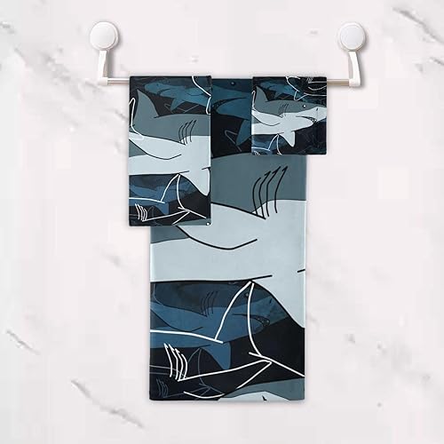 Miniatura 5 de Juego de 3 toallas de baño con diseño de mar con tiburones, juego de 3, toallas súper suaves, 1 toalla de mano, 1 toalla de baño, toallas