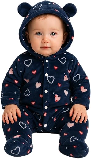 BABYZONE Fleece Footed Snowsuit Newborn Hooded Rompers Long Sleeve Onesies Button Closure Warm Infant Winter Outfits,Baby Boys Girls Snowsuit Pajamas Cute Bear Ear Bodysuits Outwear.