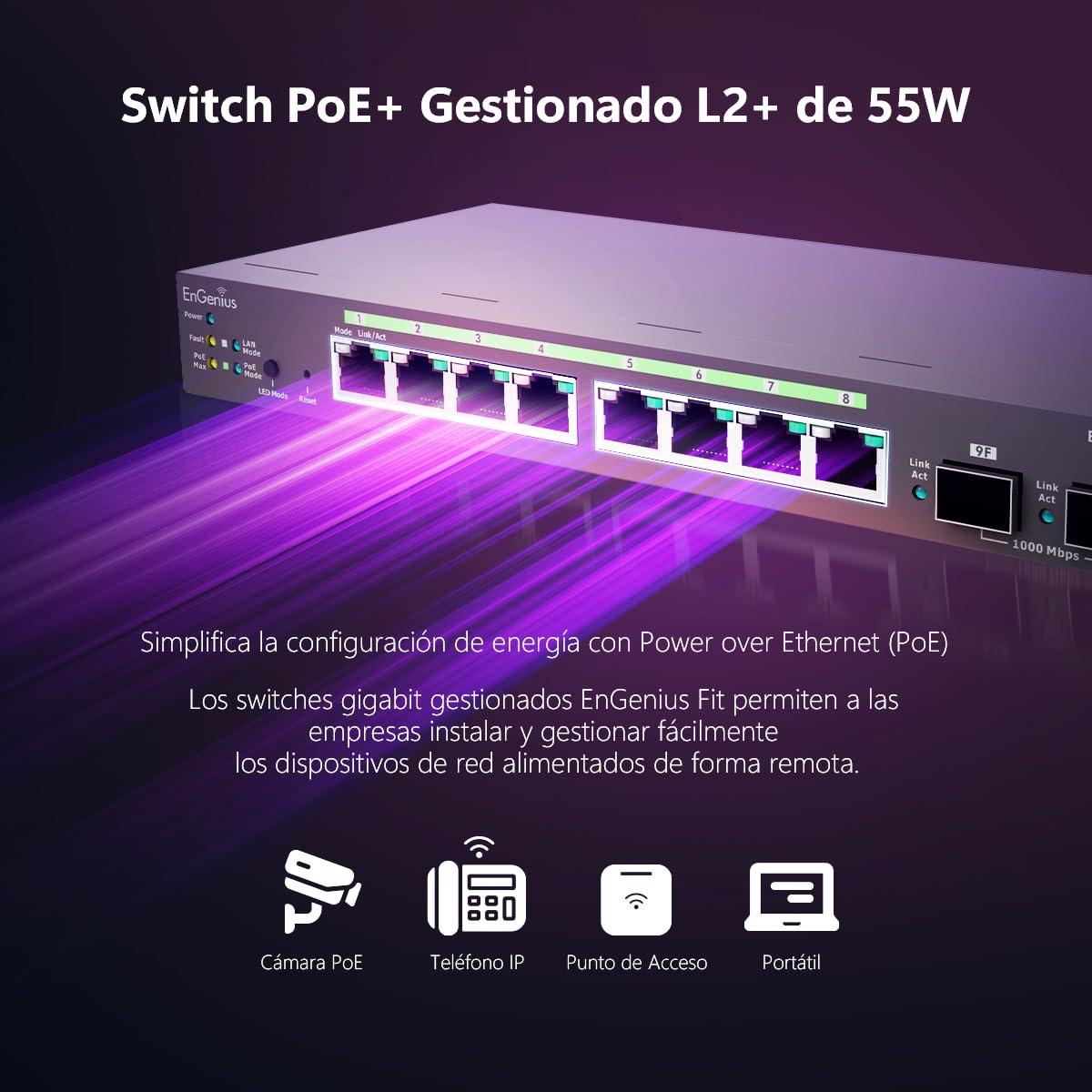 EnGenius Fit EWS2910P-FIT Switch administrado Gigabit PoE de 8 puertos, presupuesto de energía de 55 W, gestión de capa 2+, enlaces ascendentes SFP para redes de pequeñas empresas