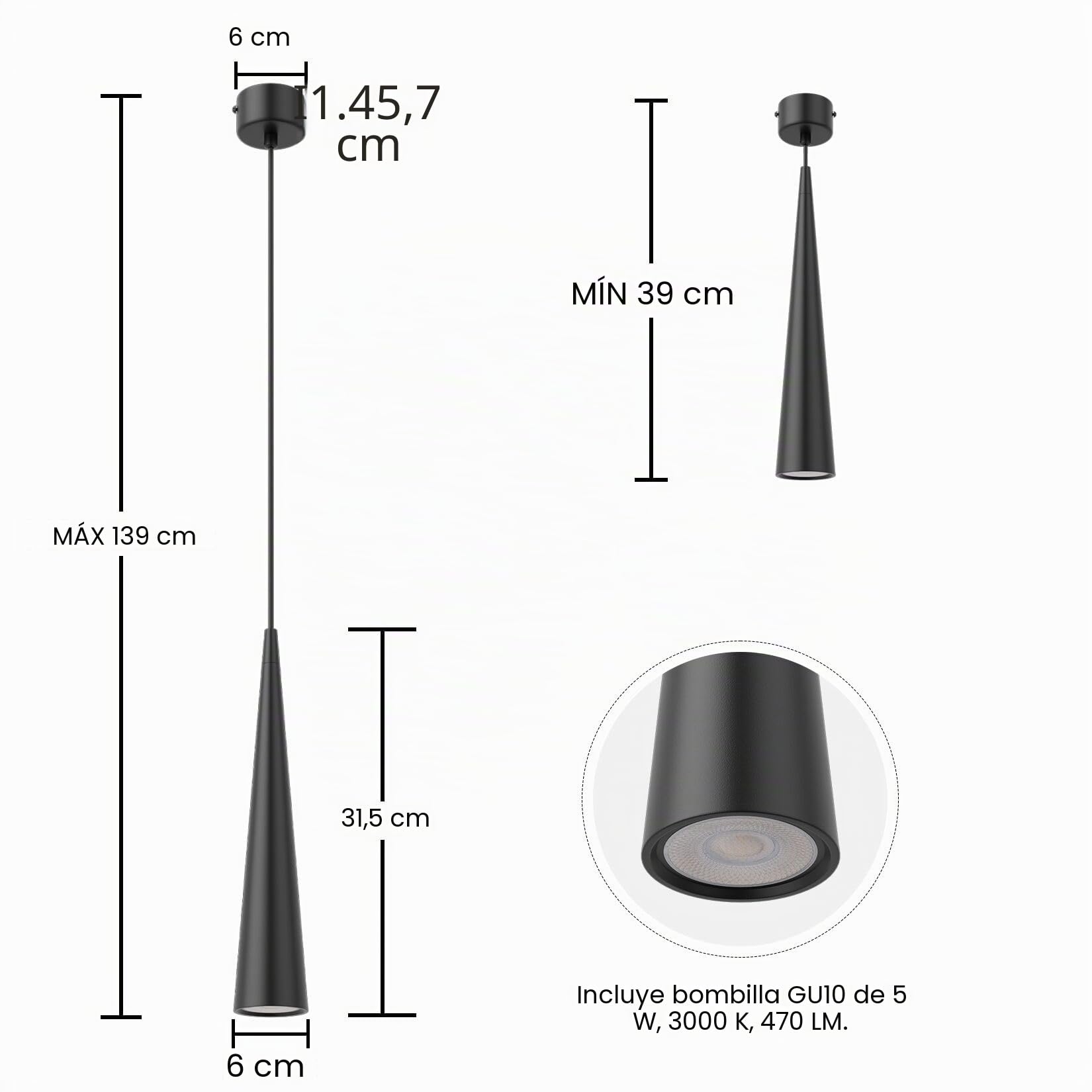 K-Bright 2 piezas Iluminación Colgante negro GU10 portalámparas, Lámpara de araña cónica de 30 cm, lámpara de araña para sala de estar, mesa de comedor, mostrador de hotel (incluye bombilla)