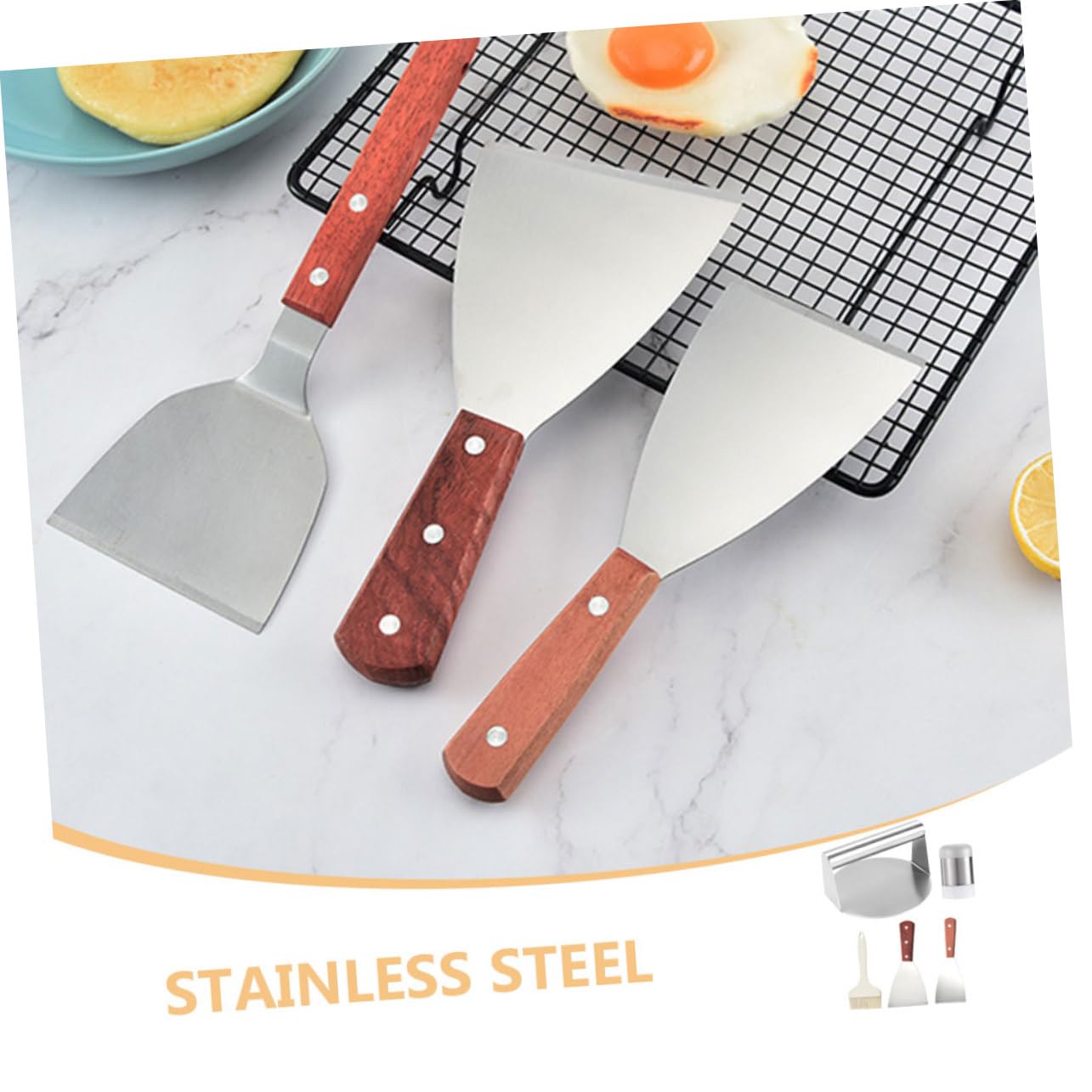 PRETYZOOM Set Accessori Bbq 5 Pezzi in Acciaio Inossidabile Pressa per Hamburger, Spatola, Pennello, Bottiglia di Condimento e Griglia per Carne Esterno