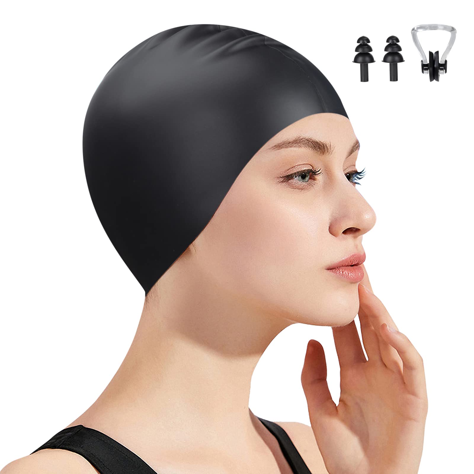Gorro de Natación Elástico Silicona Impermeable Gorro Piscina Baño Protecion de Oido Suave Cómodo Antideslizantes para Mujer Hombre Niños Adultos Pelo Largo Corto Negro