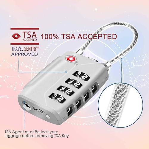 Miniatura 5 de Paquete de 2 cerraduras de equipaje de viaje aprobadas, 4 dígitos de combinación de cable de metal, candados de aleación, candado resistente a la