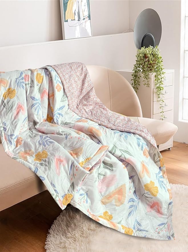 Image of Dohar Single | Double Bed Polycotton Blankets for Summer 90x100inch, 150GSM Ac Comforter and Cooling for Summer Classic Printed Design Quilt Ideal for Gifting (Light Pink, Single)