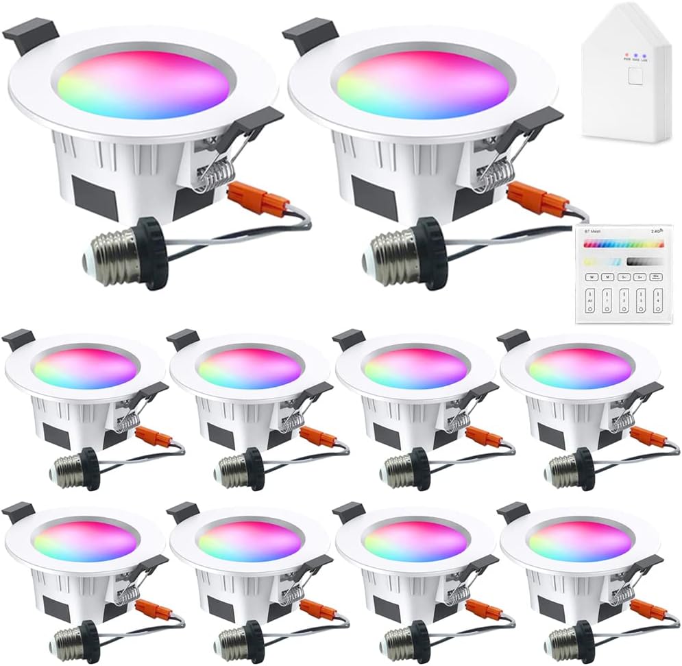 Sumaote LED Downlight Kit, 10pcs 5W 3 inch Smart Recessed Lighting WiFi & Bluetooth Mesh Control RGBWC Dimmable Ceiling Light with Touchscreen Panel and Smart Bridge, Works with Alexa Google Home
