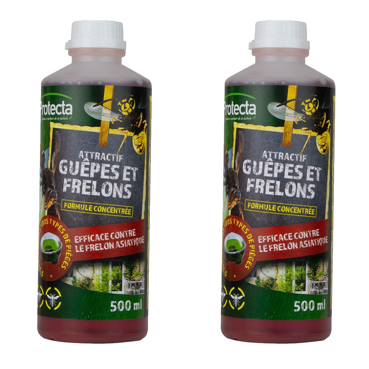 PROTECTA Attractive Vespe, Calabroni e Mosche - Liquido per trappola vespe/protezione naturale ed efficace - concentrato da diluire, può essere utilizzato in tutti i tipi di trappole - 2 x 500 ml
