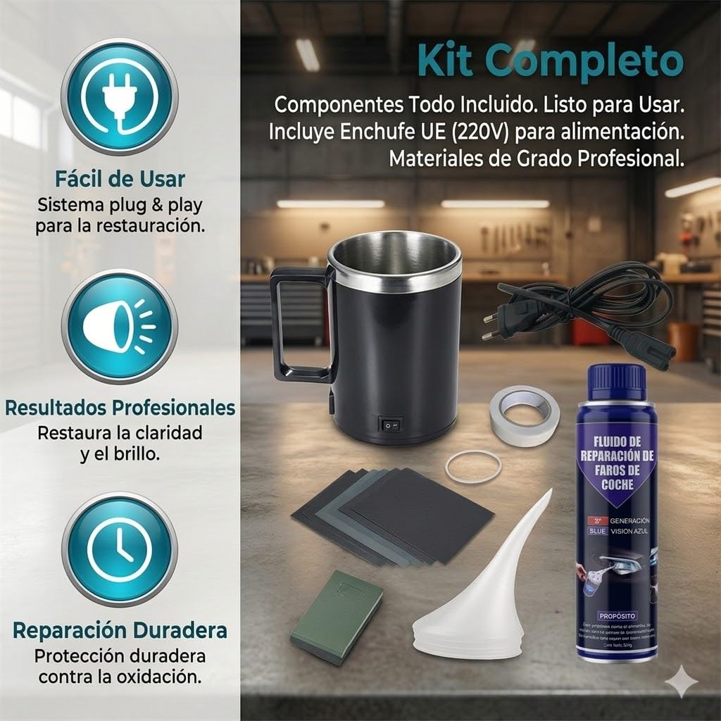 Auto Scheinwerfer Aufbereitungsset mit Zerstäuberbecher & 200ml Politur, DIY KFZ Scheinwerfer Reparatur Set für vergilbte, zerkratzte Linsen, inkl. EU-Stecker & Schleifpapier