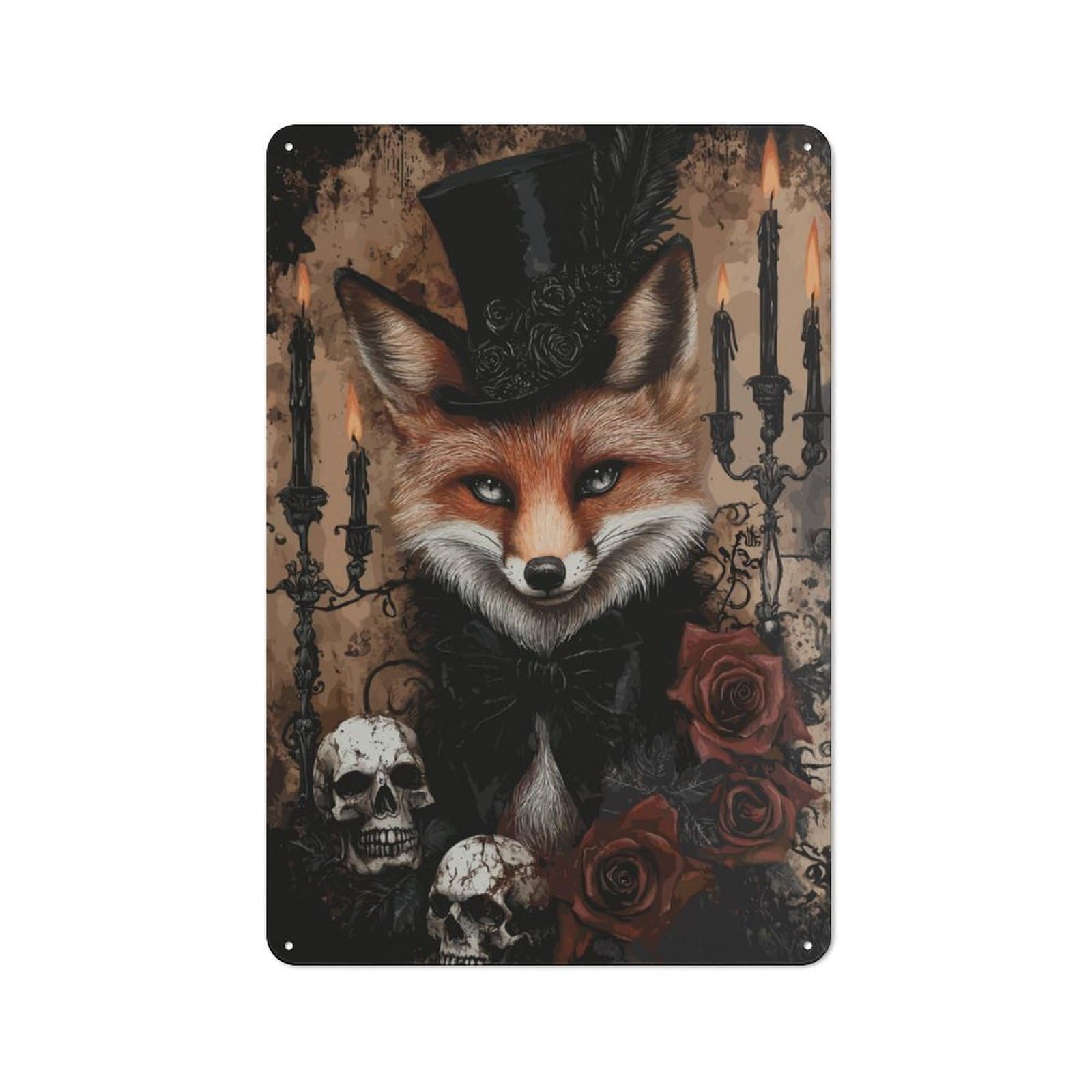 Junmoney Gothic Fox In Top Hat With Roses And Skulls Industrial Retro Metal Sign 30X20cm, Shed Wall Plaque For Garage, Workshop, Shed Or Utility Room