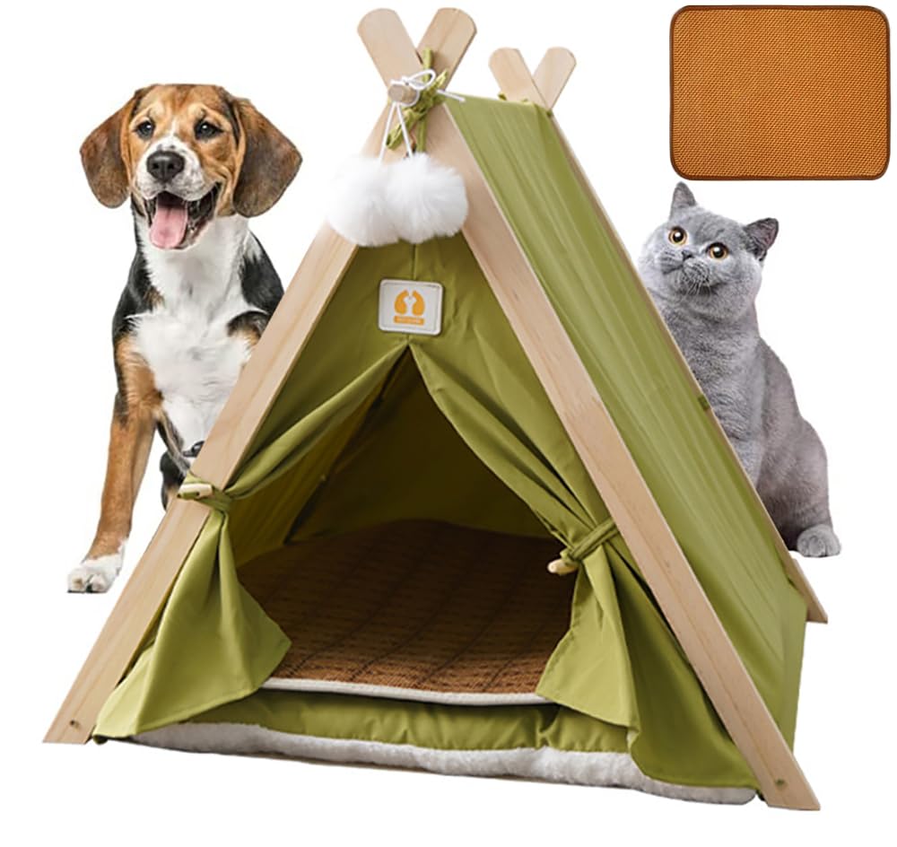 Pets Teepee, Dogs Tent, Cat Dog Teepee Bed House, Pet Tent Indoor, Folding Pet Play Houses Dog/Cat Bed house with Removable Washable Cushion&Bamboo Mat for Travel Camping (Green)