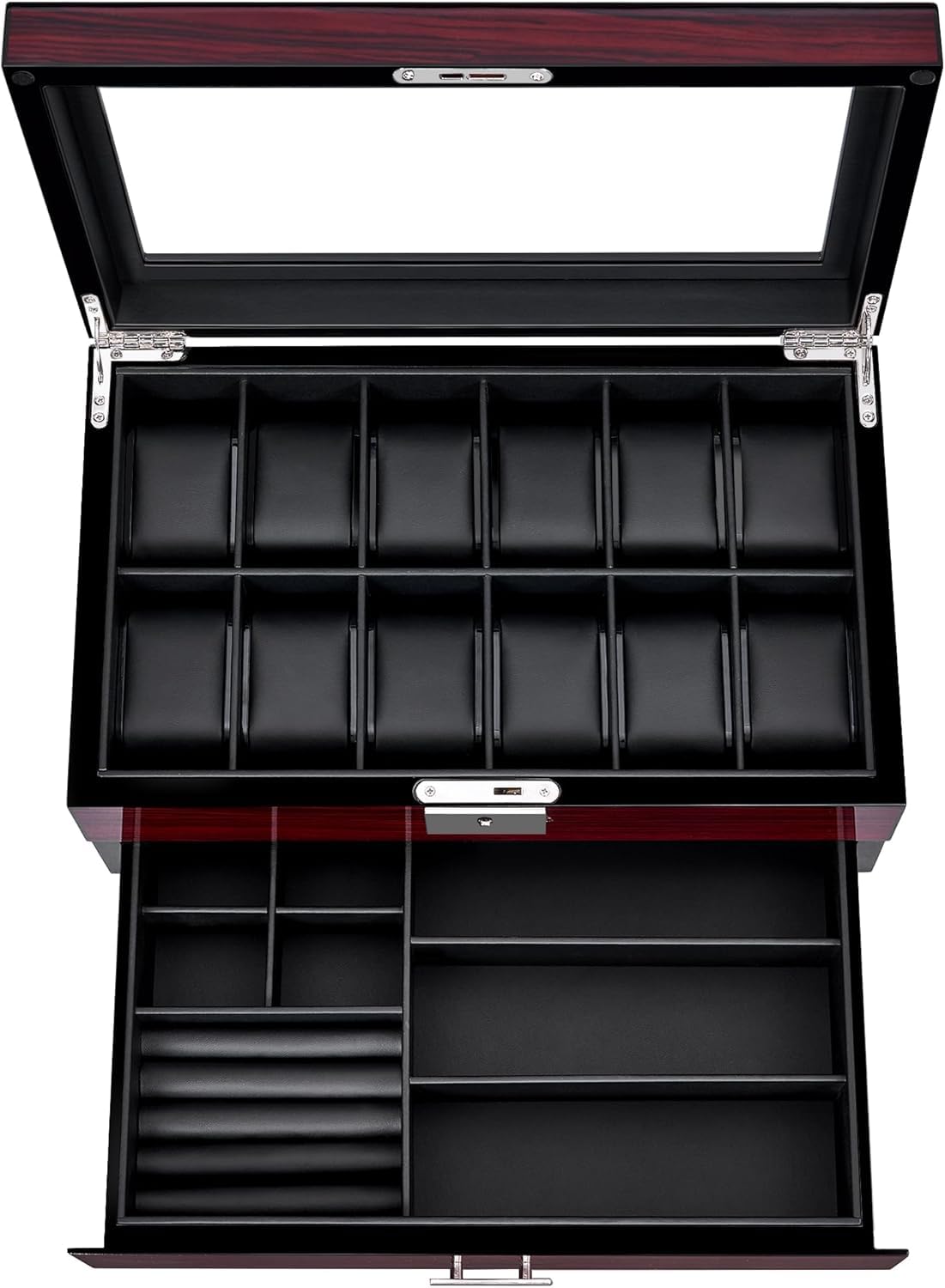 ANWBROAD Caja de reloj de 12 ranuras para hombre con tapa de cristal grande, 2 niveles, organizador de relojes con cerradura, organizador de relojes de lujo para regalo JWB003Y