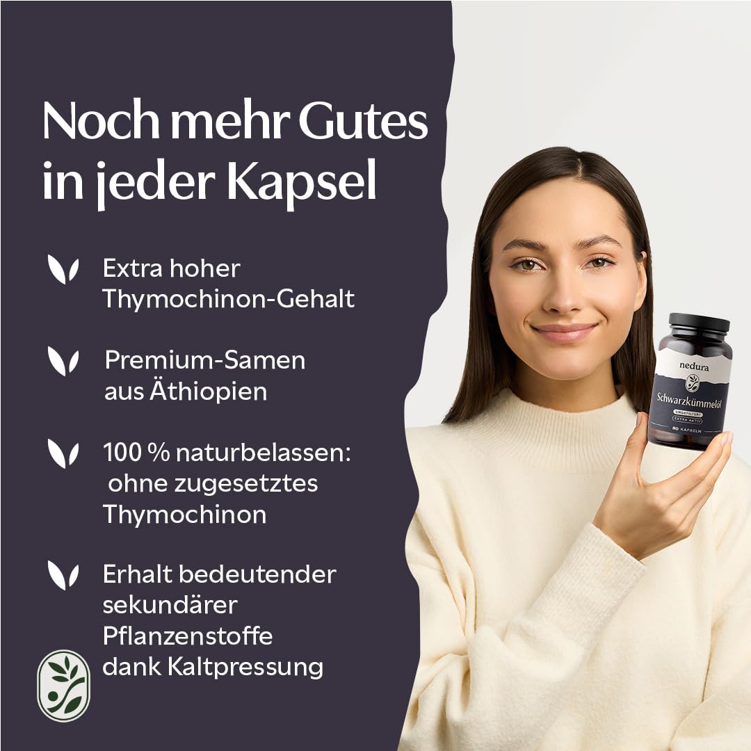 nedura® Schwarzkümmelöl Kapseln extra aktiv - 90 Stück in veganer Kapsel - Schwarzkümmel mit sehr hohem Thymochinongehalt aus Äthiopien - in eigener Deutscher Manufaktur kaltgepresst