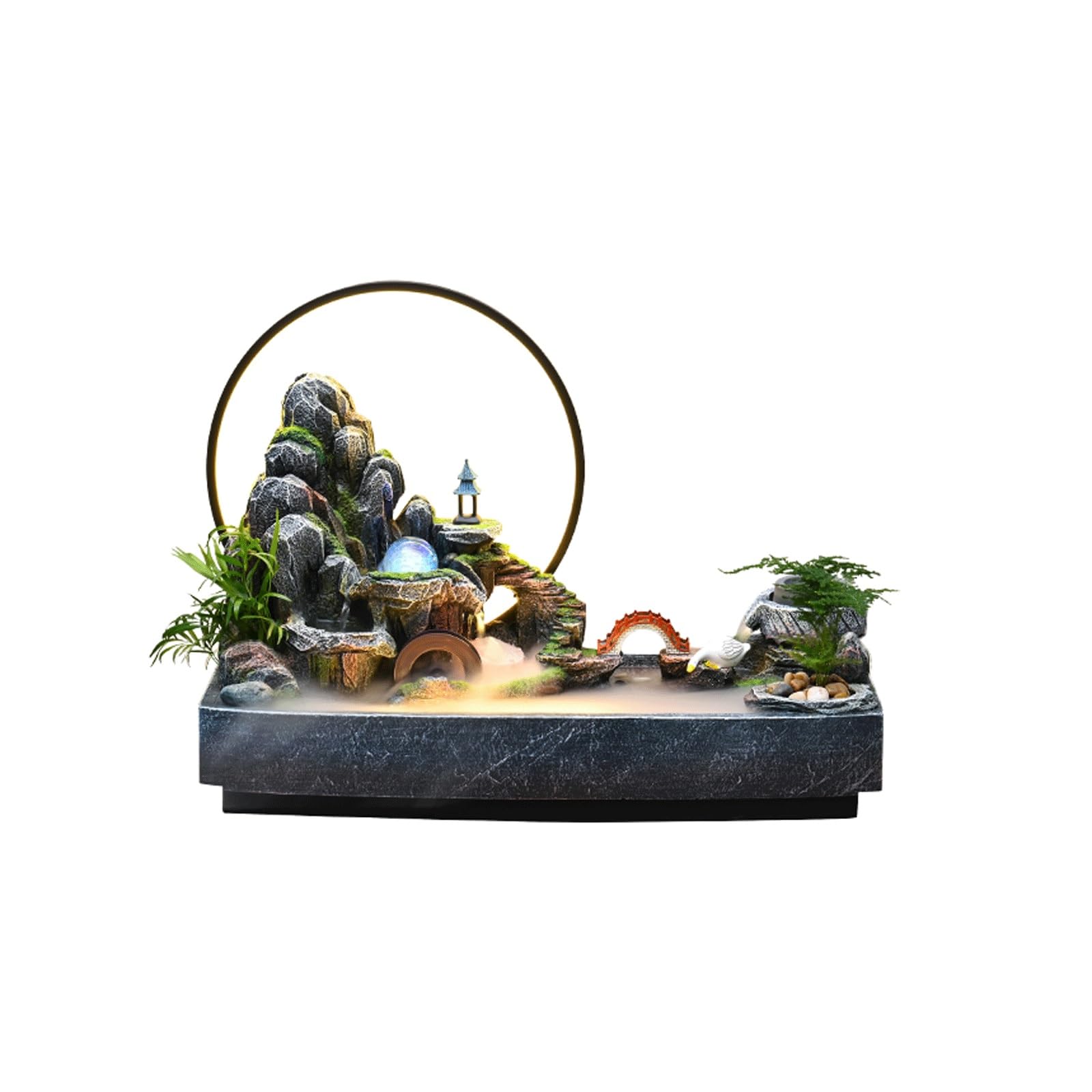 Indoor Rockery Stream Tabletop Waterfall Fountain w/LED Light Mist Circulating Water Feature Feng Shui Desktop LED Lamp for Meditation Relaxation(L)