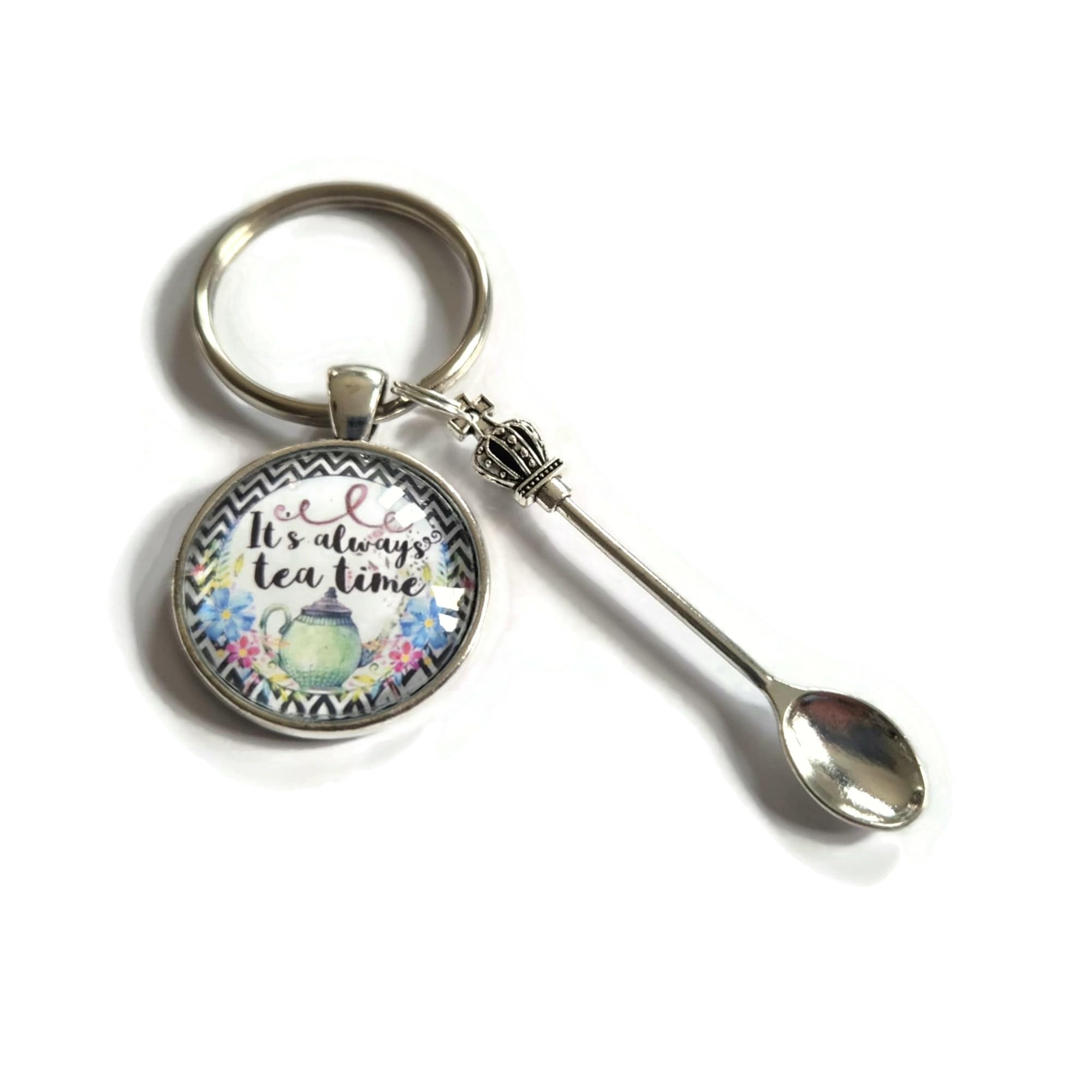 It's Always Teatime 25mm Handmade Glass cabochon Keyring Wonderland Themed Gift, Cup of Tea Lover Birthday Xmas Present, Spoon Tea Bag Charms Afternoon Tea Drinker Novelty Gift