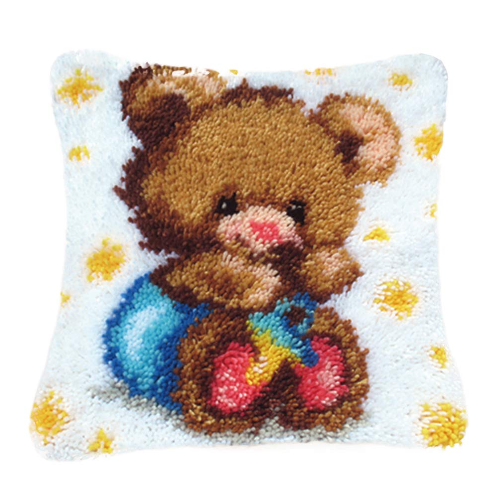 TQQT Cushion Carpet Floor Seat Mat Latch Hook Kit Rugs Canvas Embroidery Cartoon Pillowcase Covers Handmade Craft Sewing Crocheting Wedding Kids Adults Parents Gift Bear