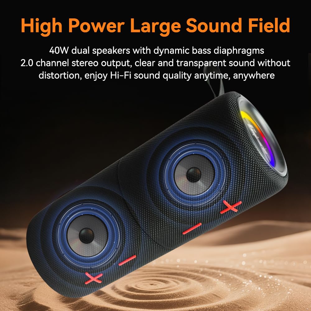 Altoparlante Bluetooth 2 in 1 con doppia divisione, 40 W, altoparlante portatile wireless con bassi profondi, impermeabile IPX6, Bluetooth 5.3, riproduzione 24h, suono stereo a 360° per casa