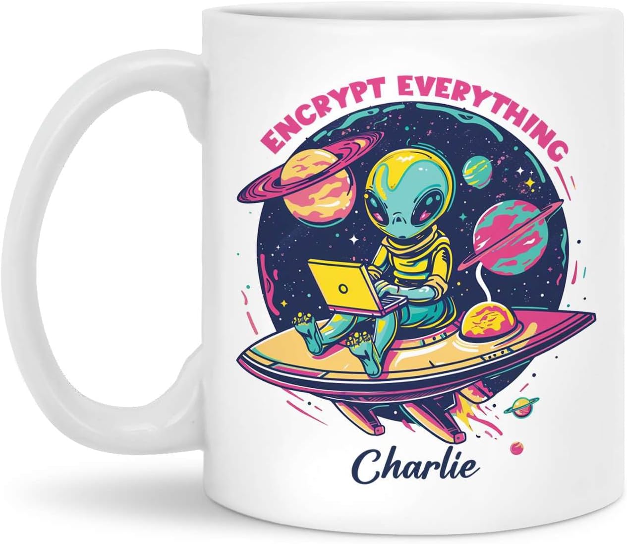 Personalized Alien Coffee Mug 11oz Or 15oz, Custom Ceramic Cup Choose Name, Unique Decorative Cup Gift For Tech Lovers, Customized Space Themed White Cup, Coding Enthusiast Mug