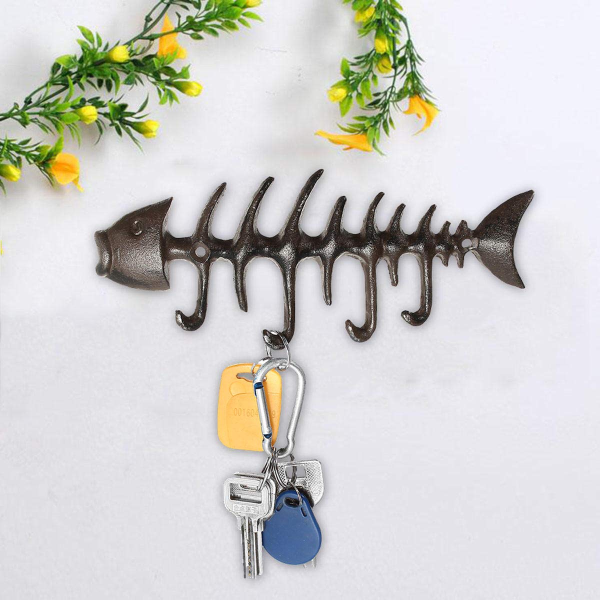 Gietijzeren Fishbone Sleutelrek Met 4 Haken - Wandmontage Organizer