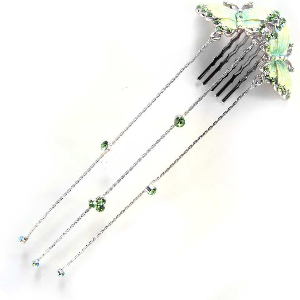 Beautiful Elegant Swarvoski Crystal Green Butterfly Hair Comb with dangling streamers