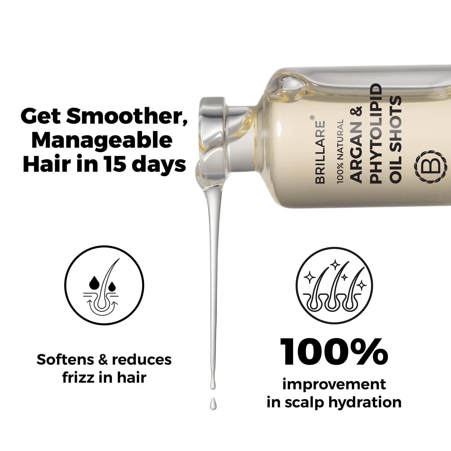 Brillare 30% Argan Oil Shots for Dry, Frizzy Hair with 2% Phytolipids | Get Smoother, Manageable Hair in 15 Days | 100% Improvement Scalp Hydration 1